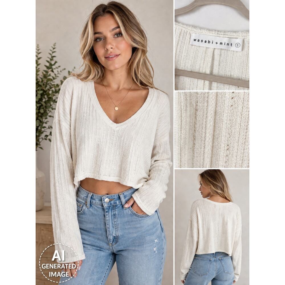 Wasabi + Mint Cream Ribbed Crop‎ Top V Neck Long Sleeve Oversized S